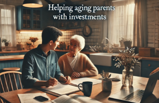 Adult child discussing investment documents with aging parents at kitchen table