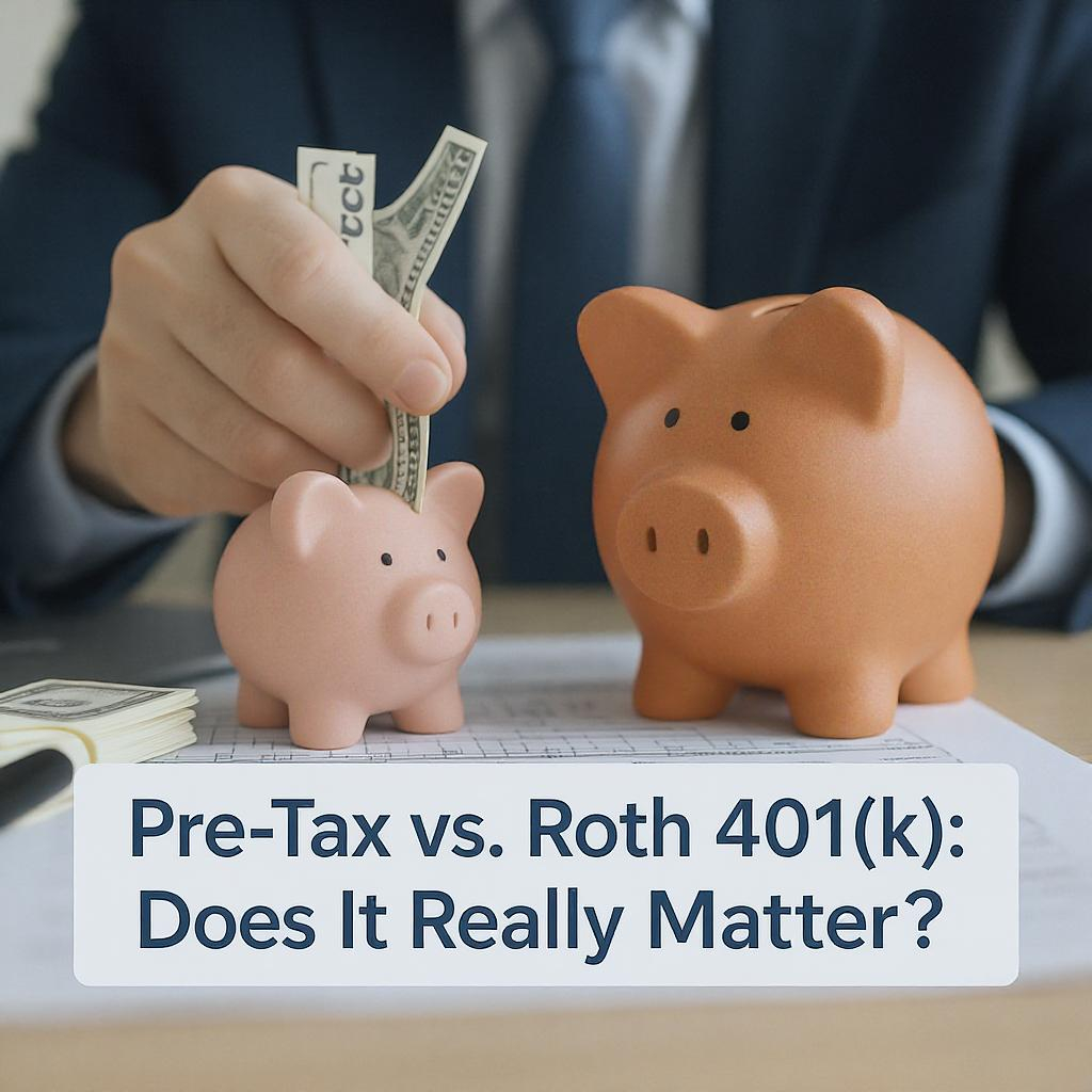 Comparison chart showing Pre-Tax vs. Roth 401(k) contributions, investment growth, taxes, and after-tax retirement value assuming equal tax rates and returns