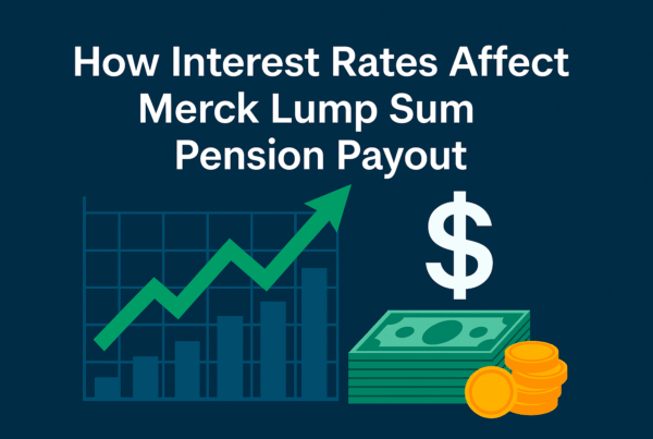 Digital graphic showing the title 'How Interest Rates Affect Merck Lump Sum Pension Payout' above financial icons including a rising green arrow on a bar chart, a dollar sign, stacked coins, and paper money, all set against a dark blue background.