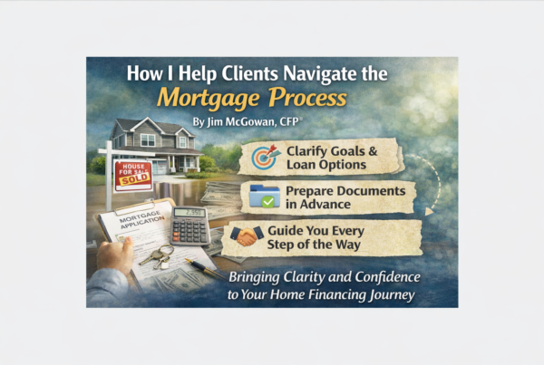 **Alt Text:** Promotional graphic titled "How I Help Clients Navigate the Mortgage Process" by Jim McGowan, CFP®. The image shows a house with a "House for Sale – SOLD" sign, a mortgage application clipboard, calculator, house keys, and three labeled steps: "Clarify Goals & Loan Options," "Prepare Documents in Advance," and "Guide You Every Step of the Way." The tagline reads, "Bringing Clarity and Confidence to Your Home Financing Journey," all set against a soft, professional background.